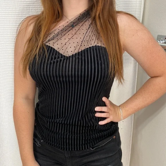 Women’s SHEIN polka dot mesh one-shoulder black velvet blouse. Size M. - Picture 1 of 13